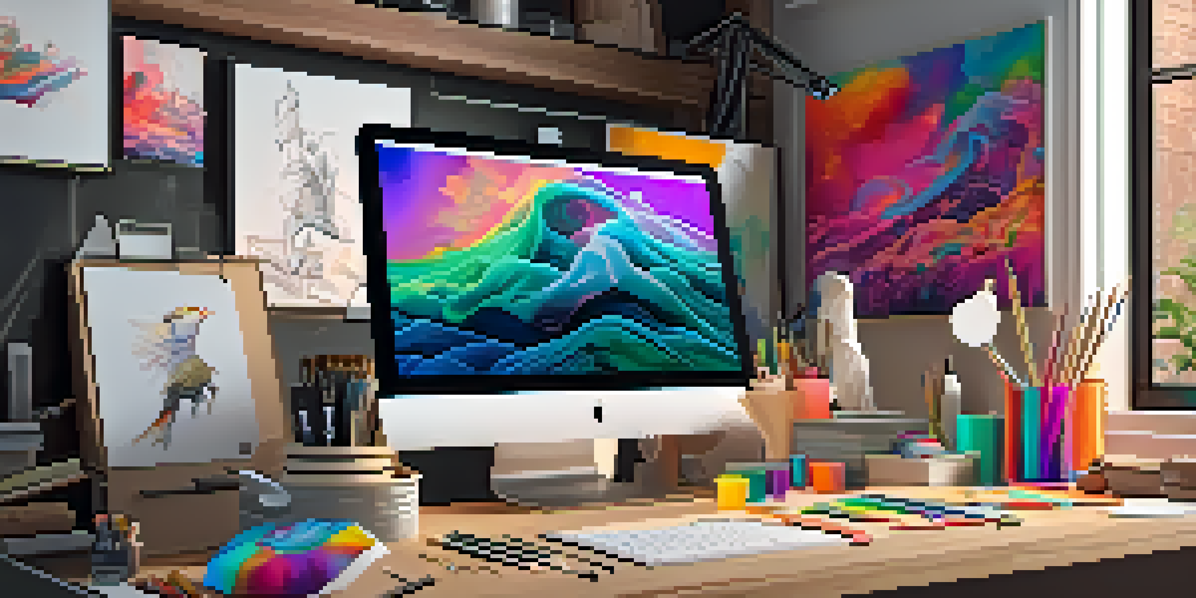 A digital art studio featuring colorful canvases and a digital tablet displaying NFT art, illuminated by warm lighting.