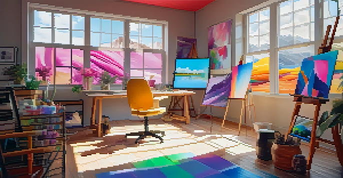 A bright and colorful digital art studio with canvases and a digital tablet displaying NFT artwork.