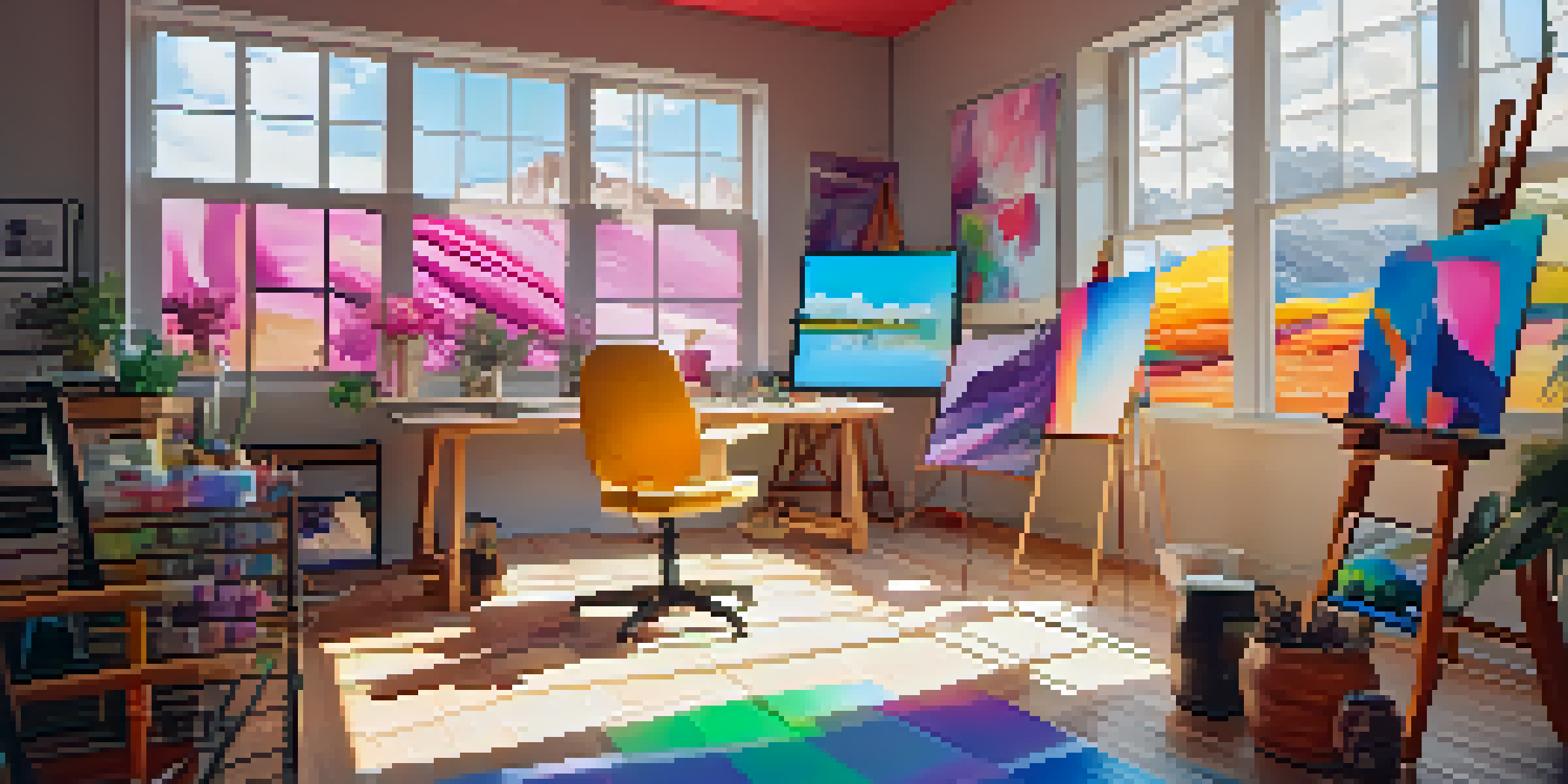 A bright and colorful digital art studio with canvases and a digital tablet displaying NFT artwork.