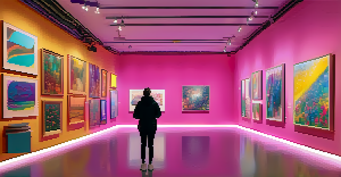 A digital art gallery filled with colorful NFT artworks, with a person admiring a large abstract painting.