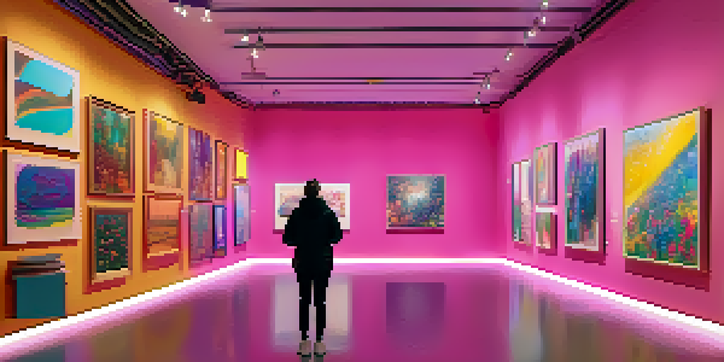 A digital art gallery filled with colorful NFT artworks, with a person admiring a large abstract painting.