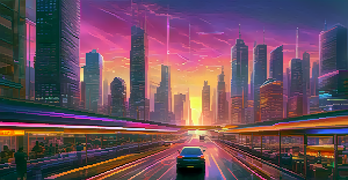 A vibrant futuristic cityscape at dusk with purple and orange skies, glowing neon signs, and reflective skyscrapers.