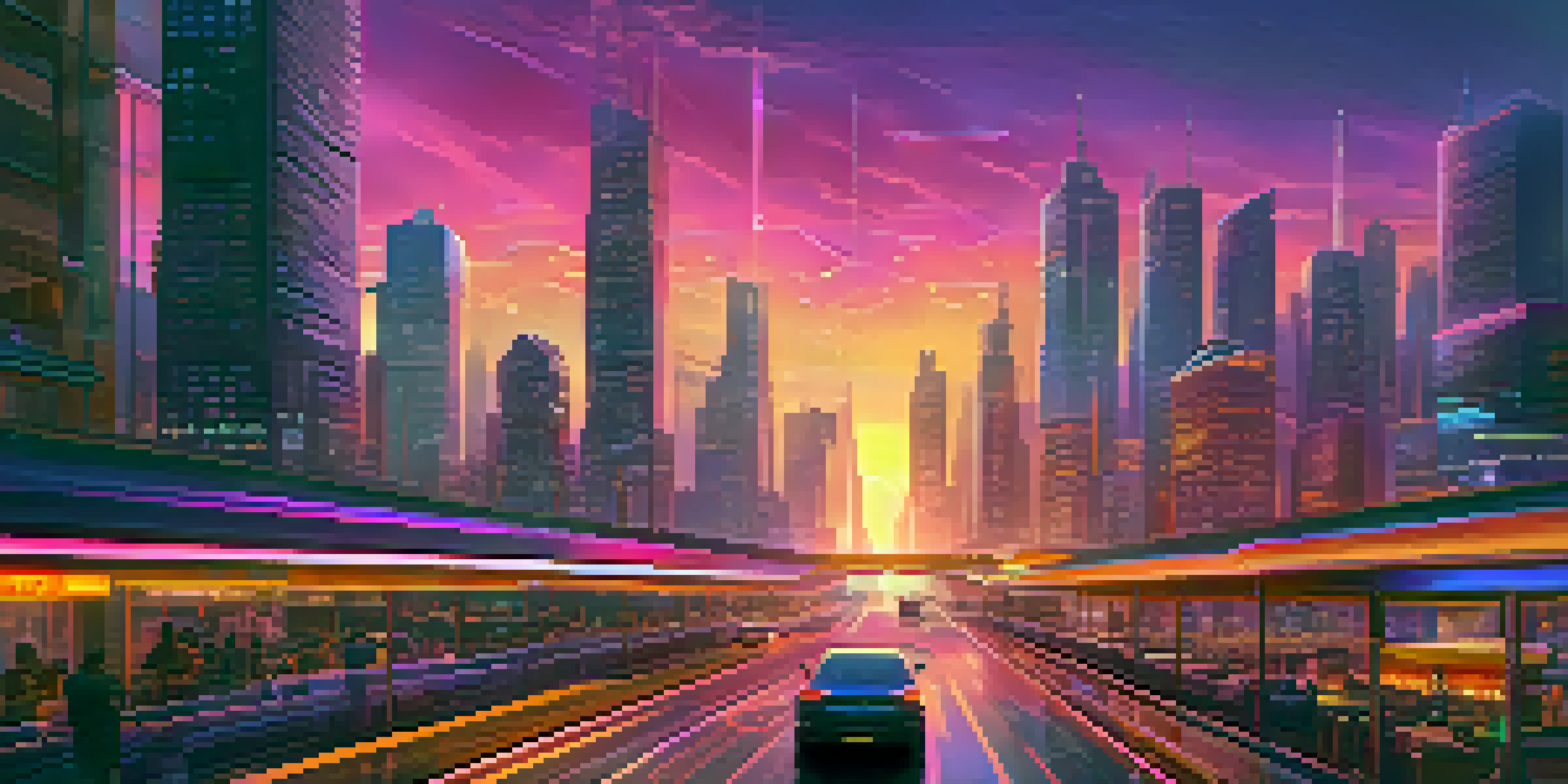 A vibrant futuristic cityscape at dusk with purple and orange skies, glowing neon signs, and reflective skyscrapers.