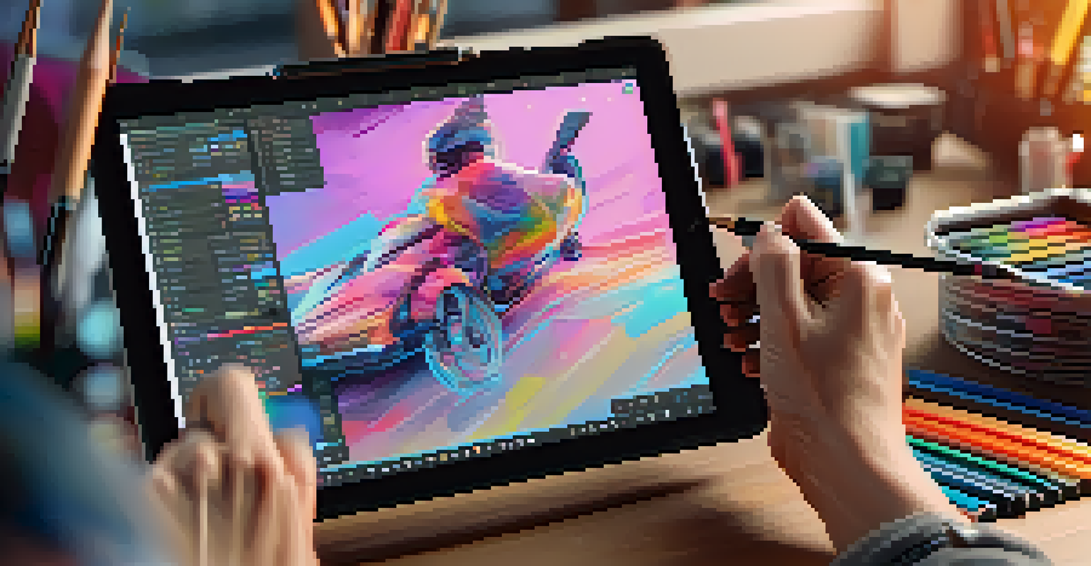 An artist creating an NFT on a tablet, surrounded by art supplies and warm lighting.