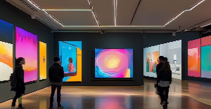 A virtual gallery filled with digital art NFTs, with collectors admiring the displays in a vibrant, well-lit environment.