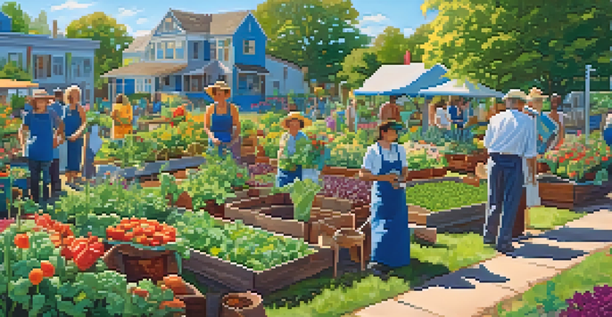 A colorful community garden with people planting crops and flowers under a sunny sky.