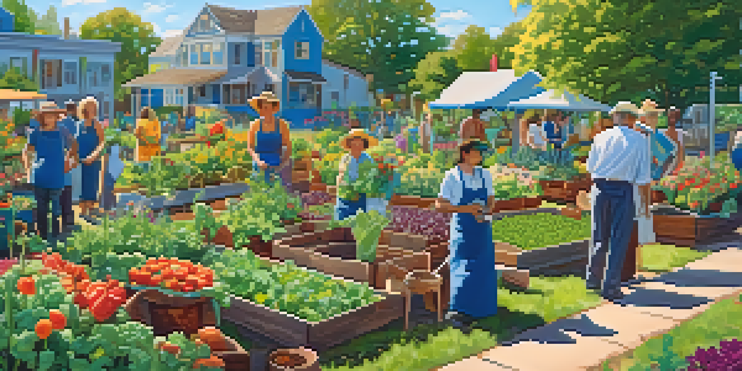 A colorful community garden with people planting crops and flowers under a sunny sky.
