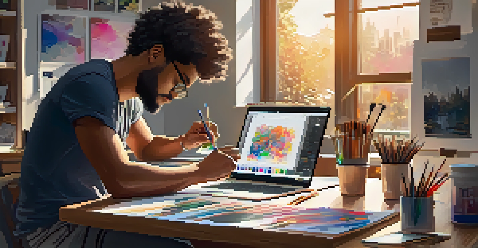 An artist at a workspace, drawing on a tablet with art supplies around, sunlight illuminating the scene.