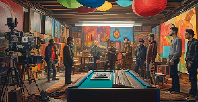 A diverse group of filmmakers and artists working together on a film set, surrounded by colorful props and scripts under warm natural light.