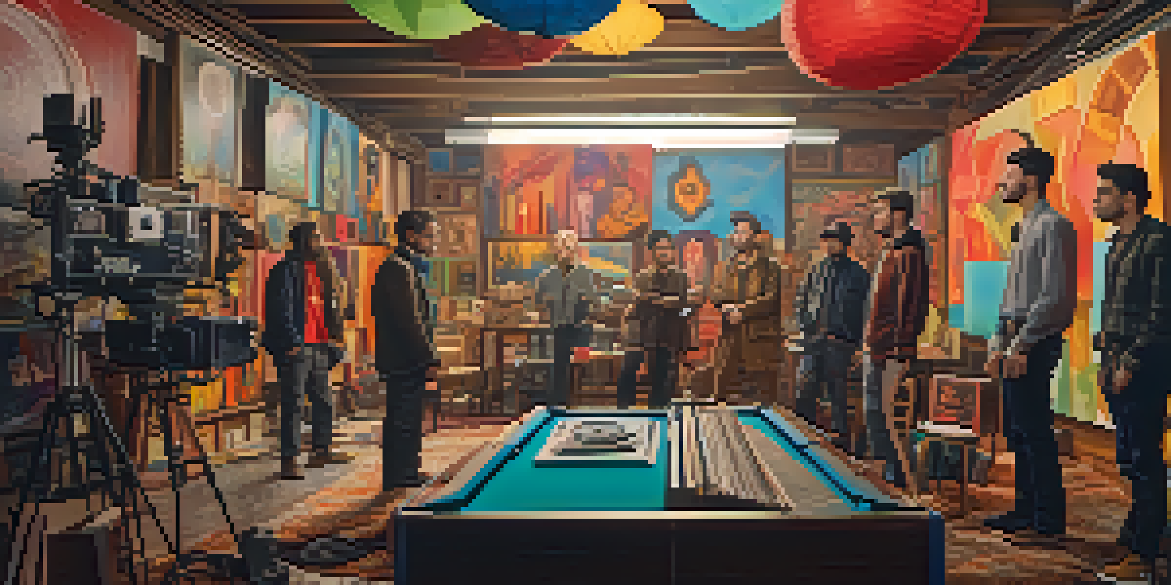 A diverse group of filmmakers and artists working together on a film set, surrounded by colorful props and scripts under warm natural light.