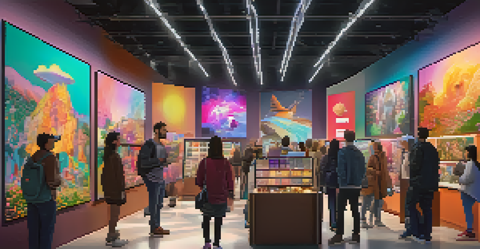 A vibrant digital art marketplace filled with unique NFTs for sale, where creators interact with buyers in a colorful and dynamic setting.