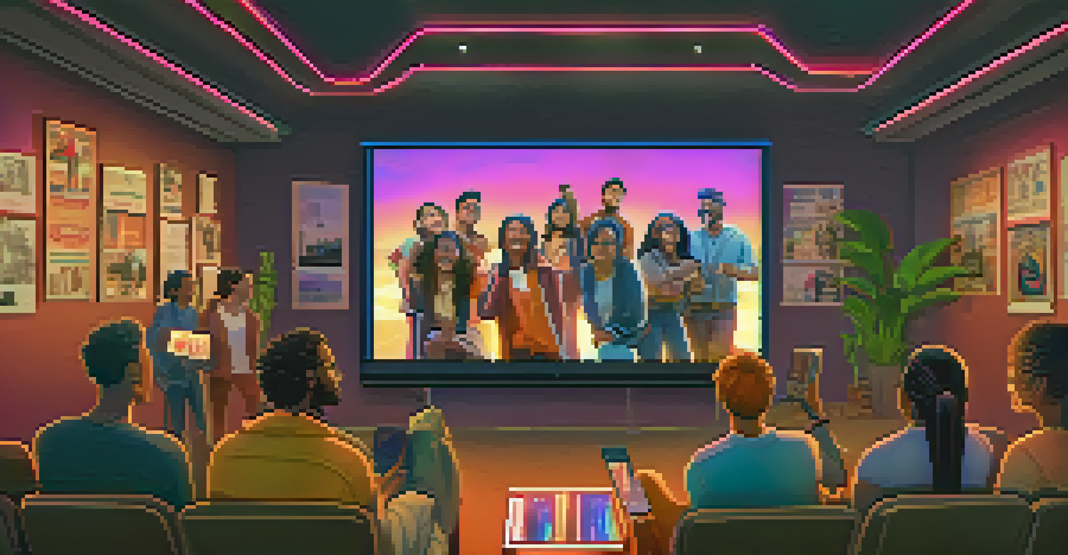 A diverse group of film enthusiasts watching an NFT film on a digital screen in a cozy viewing room filled with film memorabilia.