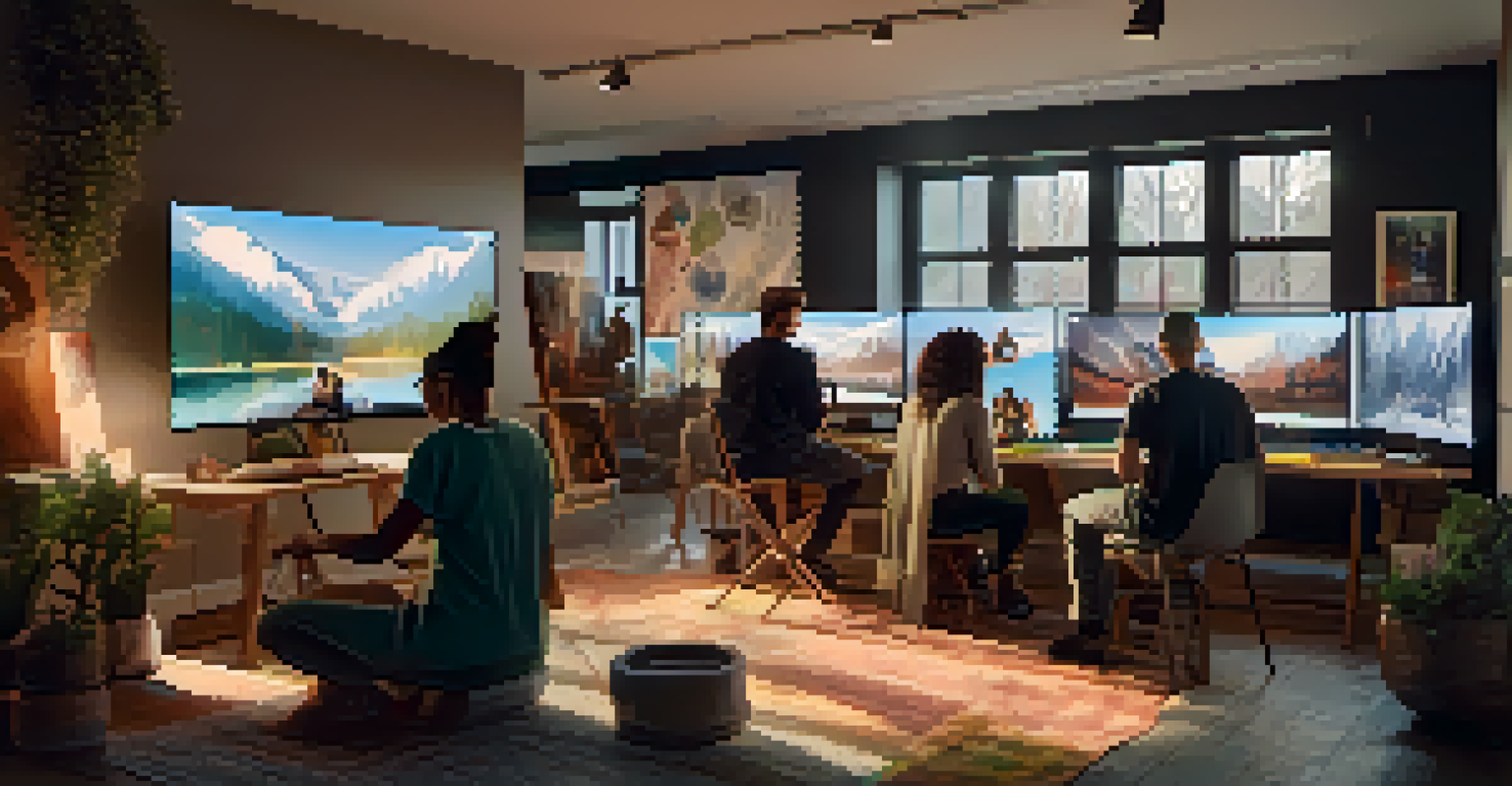 A diverse group of artists working together in a studio, showcasing their digital art on screens with warm lighting.