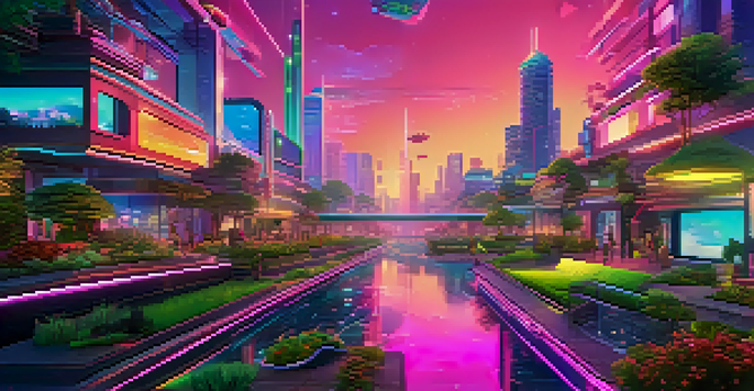 A colorful digital landscape with futuristic buildings and glowing pathways, populated by avatars exploring the area.
