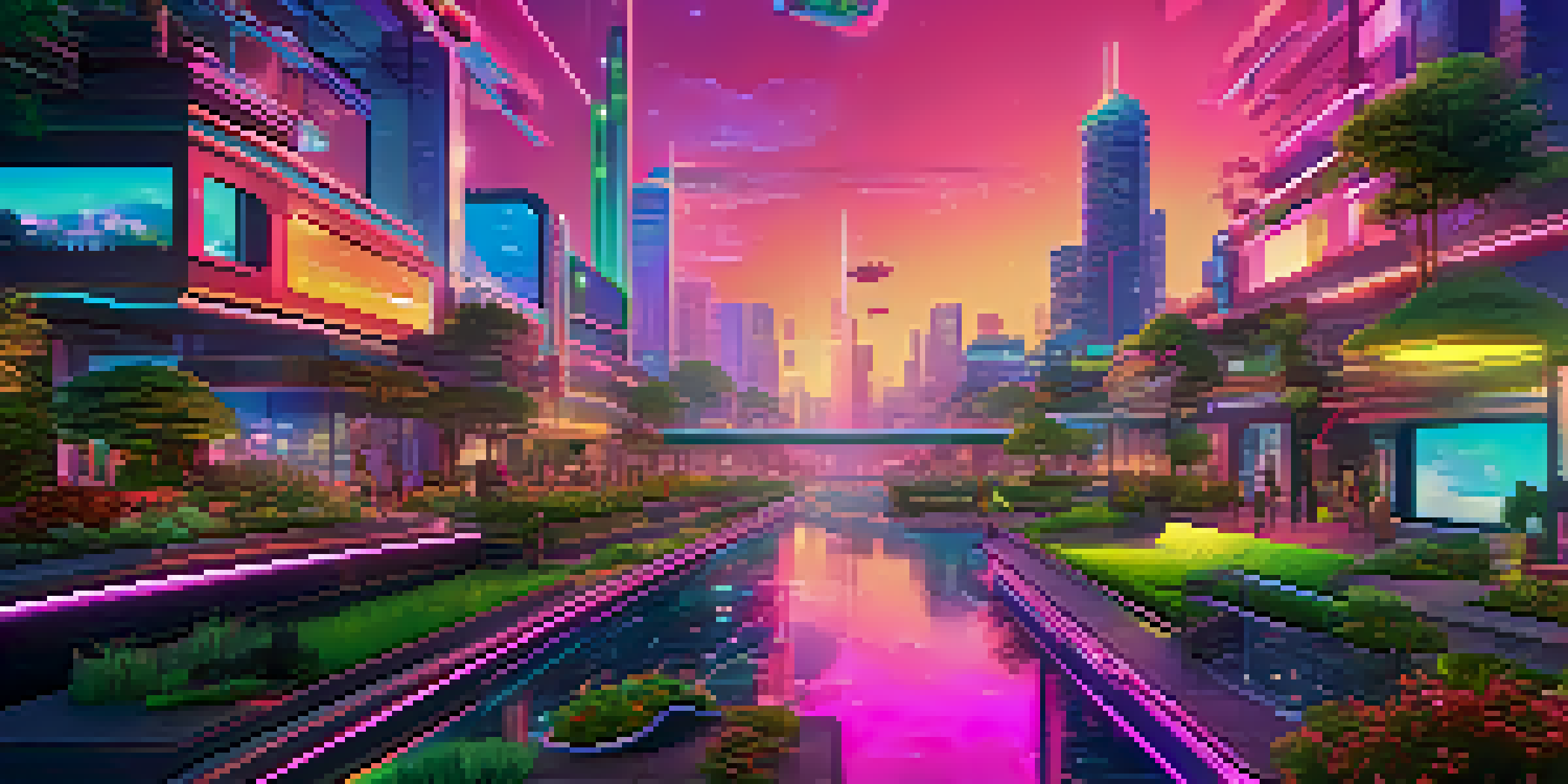 A colorful digital landscape with futuristic buildings and glowing pathways, populated by avatars exploring the area.