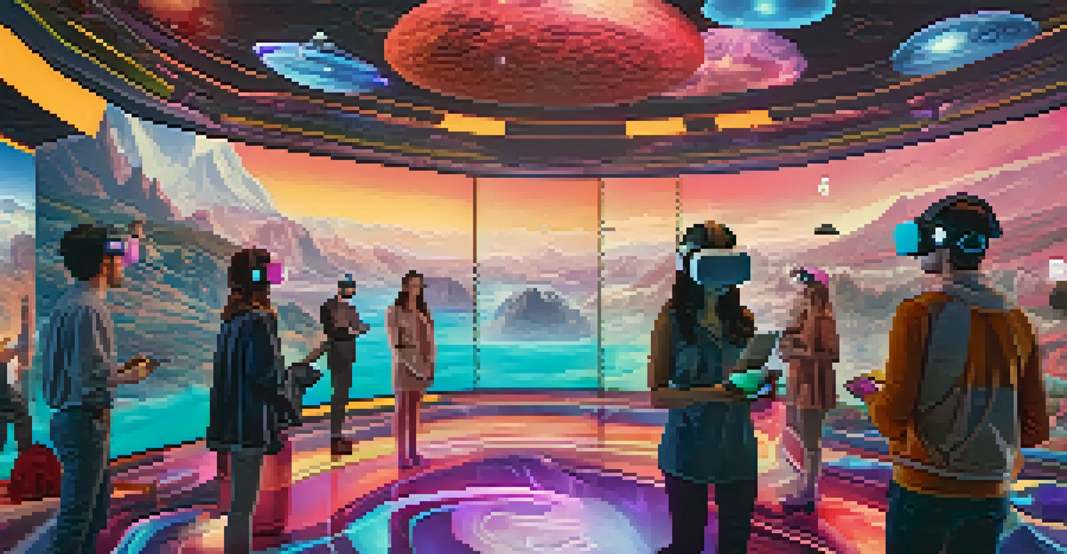 A virtual reality landscape with users interacting with floating NFTs, showcasing a colorful and immersive environment.