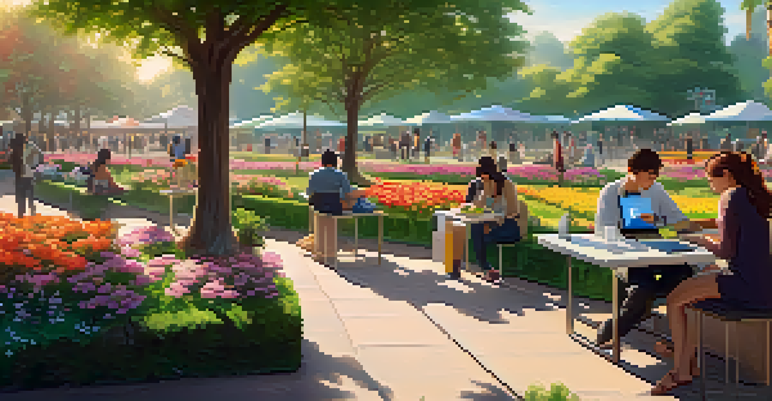 A peaceful park scene where people use devices to engage with NFTs, surrounded by greenery and flowers in warm sunlight.