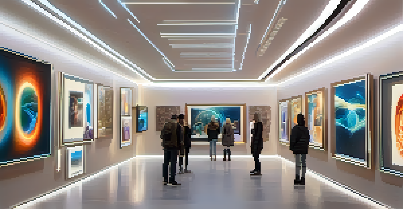 A futuristic digital gallery displaying various NFT companions, with visitors interacting with the art.