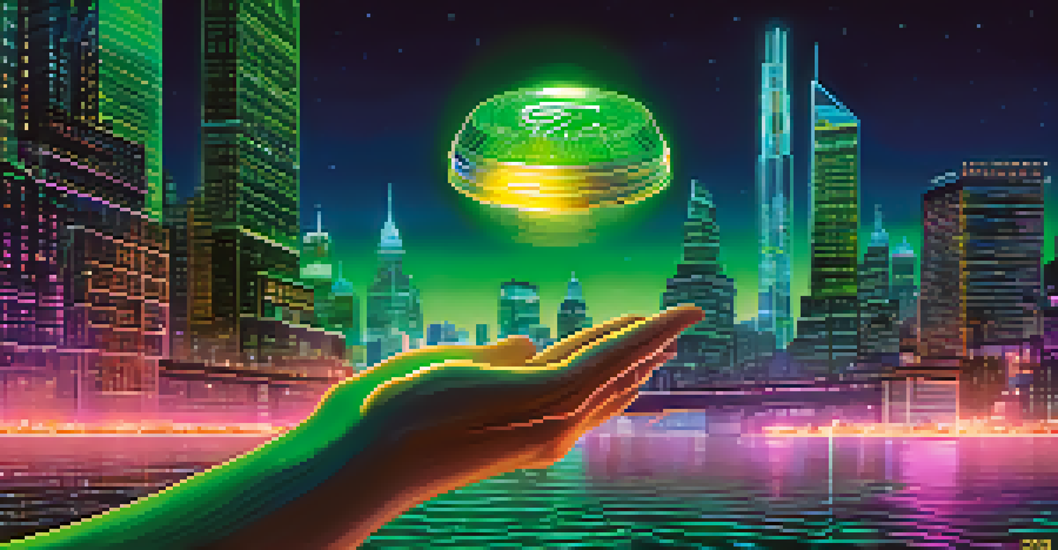 A hand holding a glowing NFT token over a futuristic cityscape with neon lights and flowing binary code.