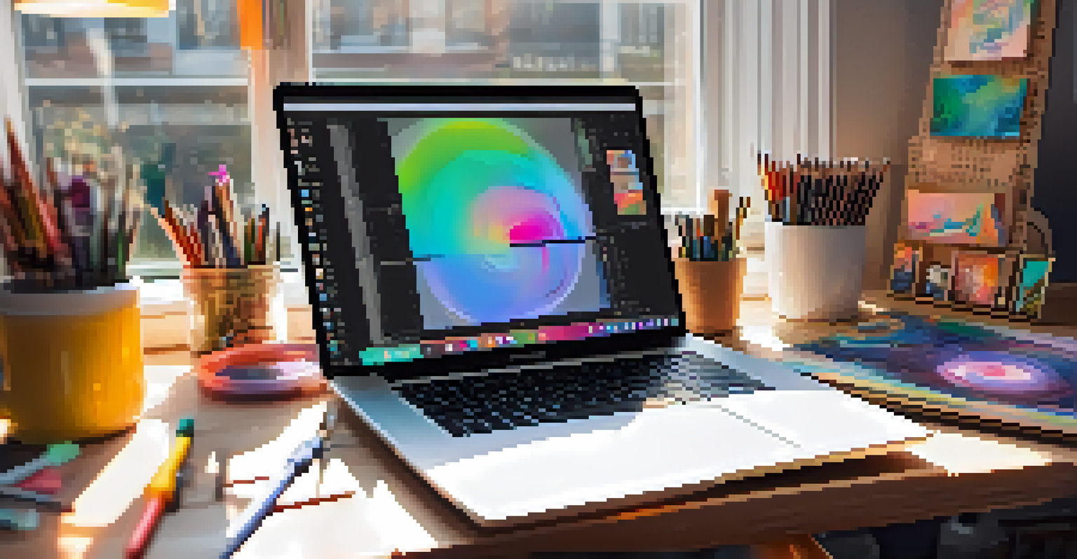 An artist's workspace with a laptop showcasing an NFT platform, surrounded by art supplies and natural light.