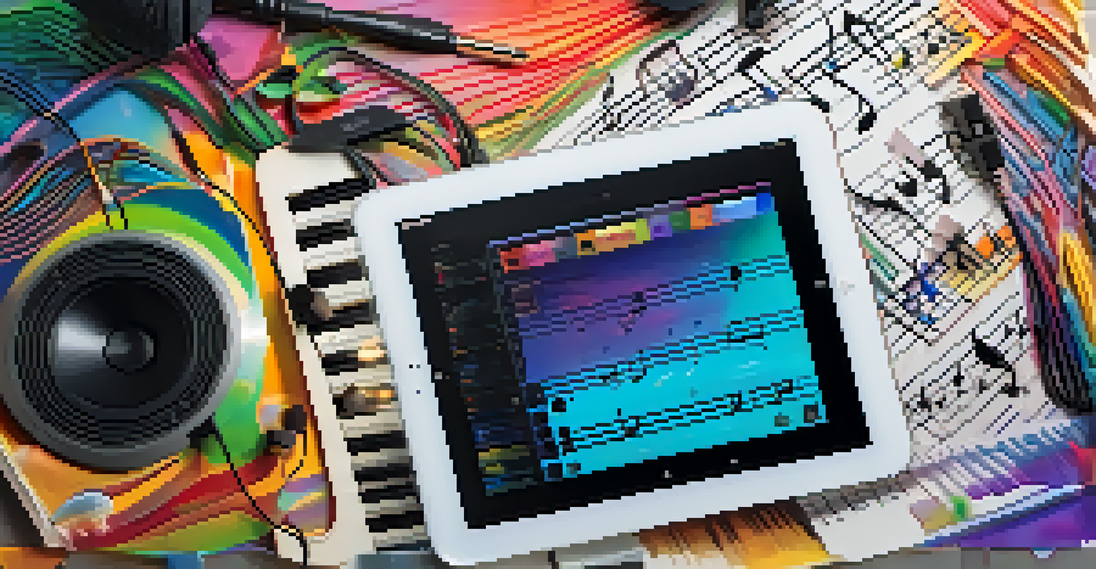 A digital tablet showing colorful NFT artwork, surrounded by musical notes and symbols, highlighting the blend of art and music.