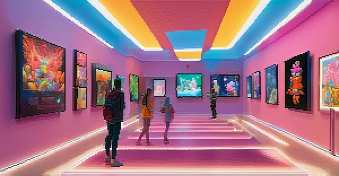 A digital art gallery featuring animated NFTs, with visitors interacting with colorful displays under soft lighting.