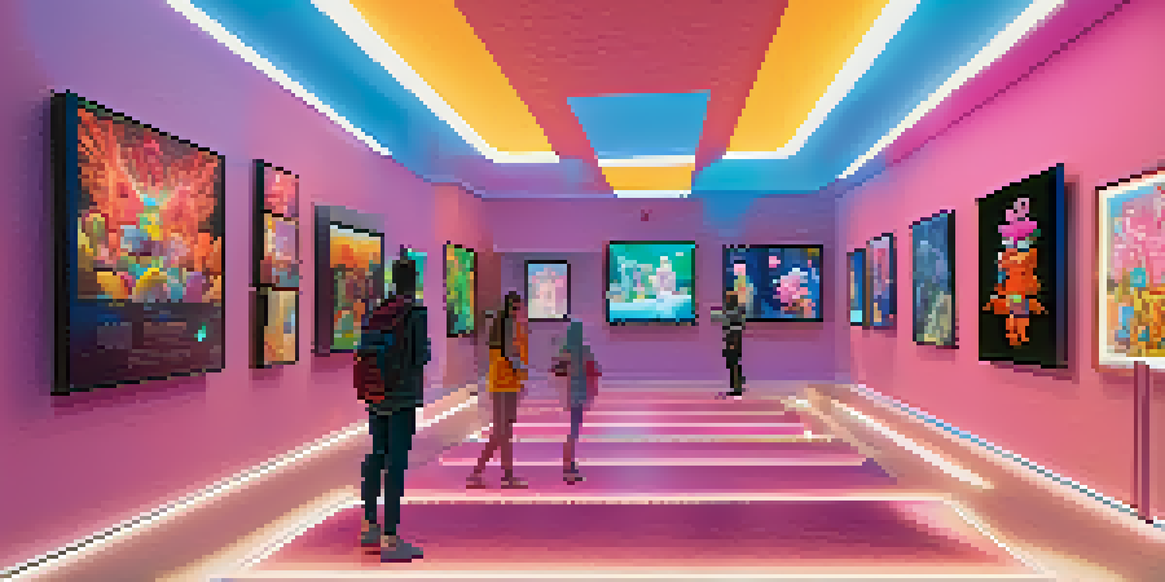 A digital art gallery featuring animated NFTs, with visitors interacting with colorful displays under soft lighting.