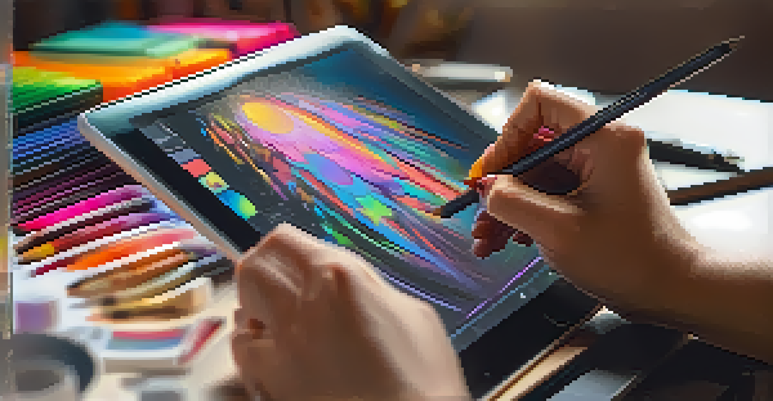An artist sketching on a digital tablet with a colorful NFT artwork on the screen, surrounded by art supplies.