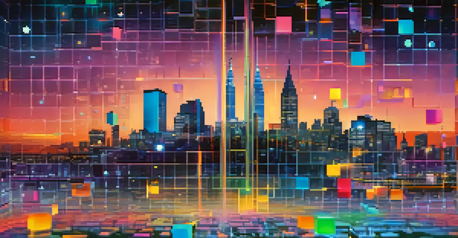 Colorful interconnected blocks representing NFTs are layered with a transparent lock and key overlay, against a futuristic city skyline at dusk with flowing digital data streams.