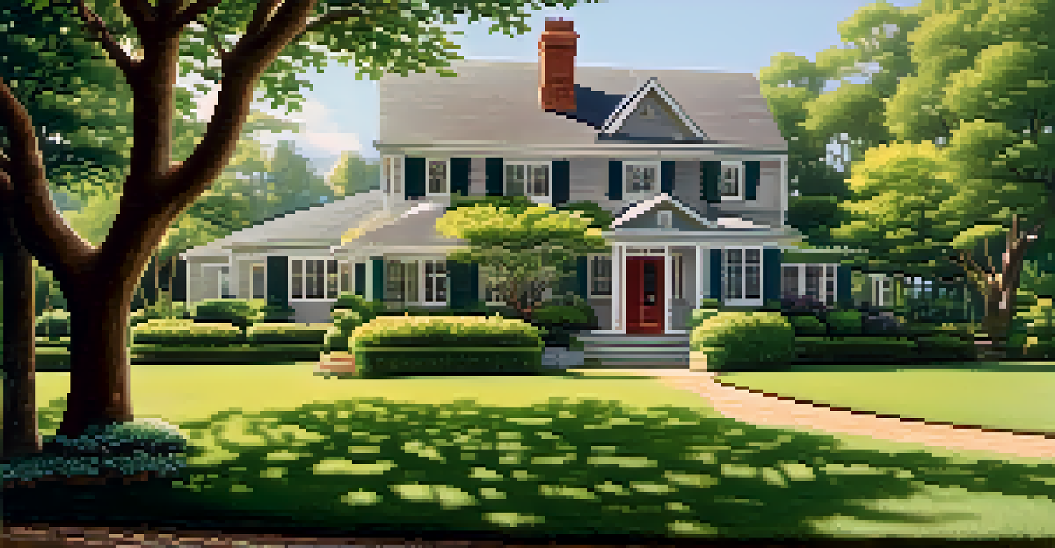 A beautiful house in a lush garden area with sunlight filtering through trees, showcasing the stability of traditional real estate.