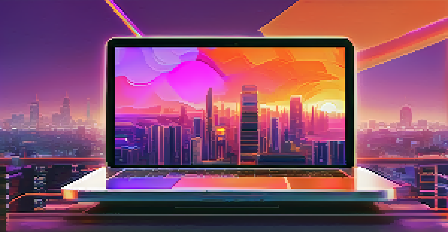 A digital device showing a colorful NFT art piece with a blurred city skyline in the background during dusk.
