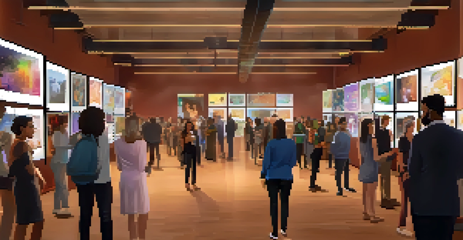 A virtual gallery showcasing unique NFTs during a digital fundraising event, with attendees interacting through avatars.