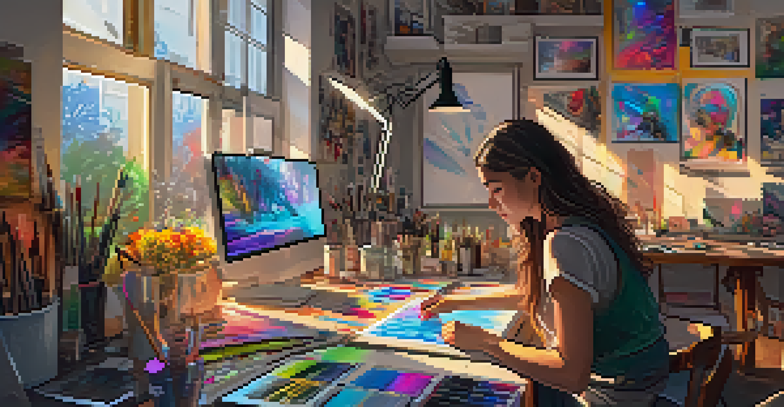 An artist's studio with digital screens and colorful sketches, showing a young woman creating NFTs on a tablet.