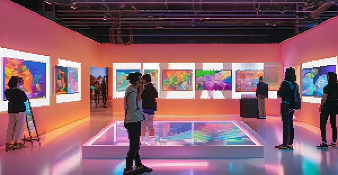 A digital art gallery filled with people admiring various NFTs illuminated by colorful lights.