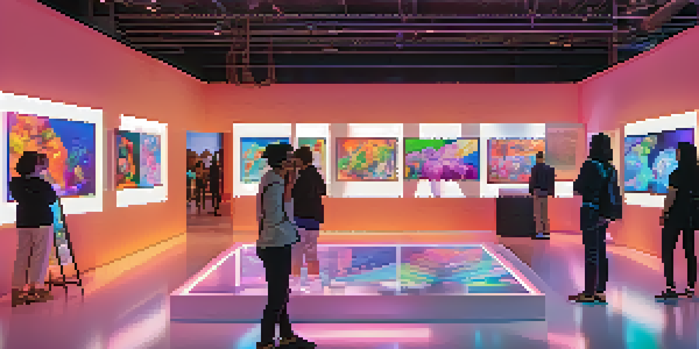 A digital art gallery filled with people admiring various NFTs illuminated by colorful lights.