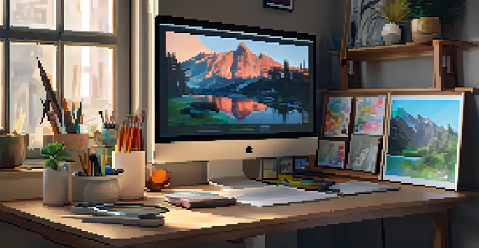 A digital artist's workspace with a monitor displaying colorful NFT artwork, art supplies, and a graphics tablet, illuminated by soft natural light.