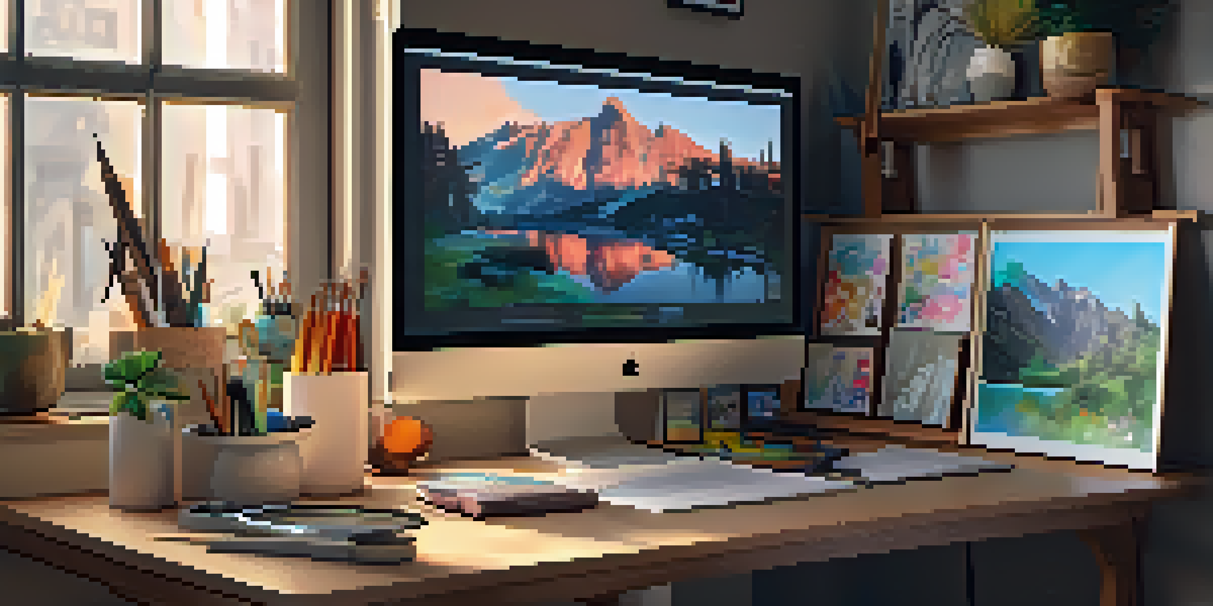 A digital artist's workspace with a monitor displaying colorful NFT artwork, art supplies, and a graphics tablet, illuminated by soft natural light.