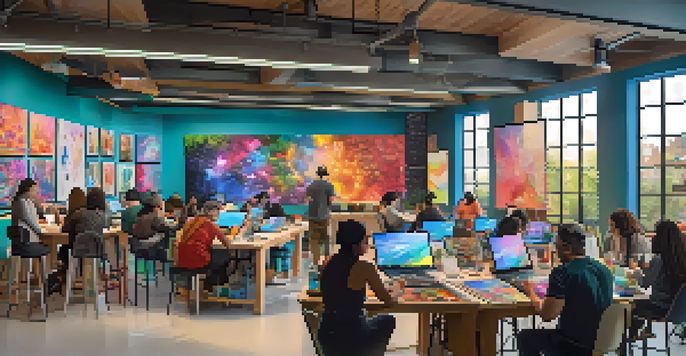 A community workshop with people creating NFTs, colorful art supplies, and digital screens displaying designs.