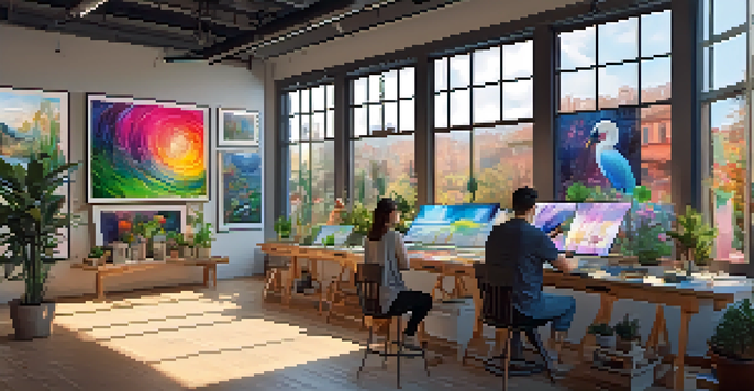 An artist in a bright studio sketches on a tablet surrounded by colorful digital NFT artworks displayed on screens and framed prints.