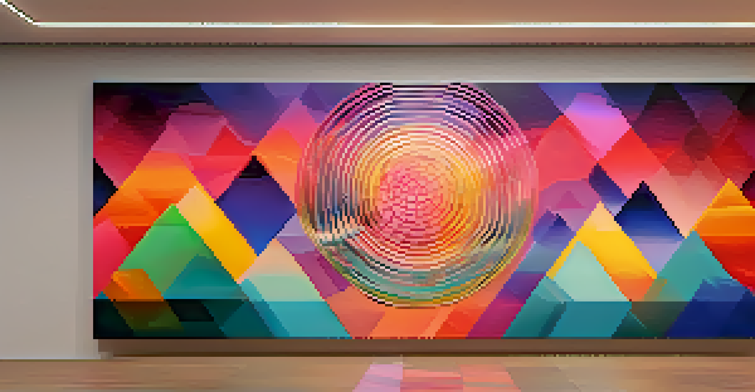A digital NFT art piece in a sleek virtual gallery, showcasing colorful and intricate patterns.