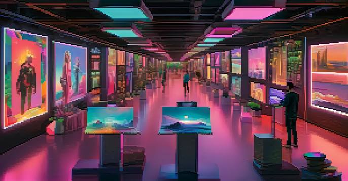 A vibrant digital art marketplace featuring NFTs displayed like artworks, with artists and collectors interacting under glowing lights and a holographic smart contract display.