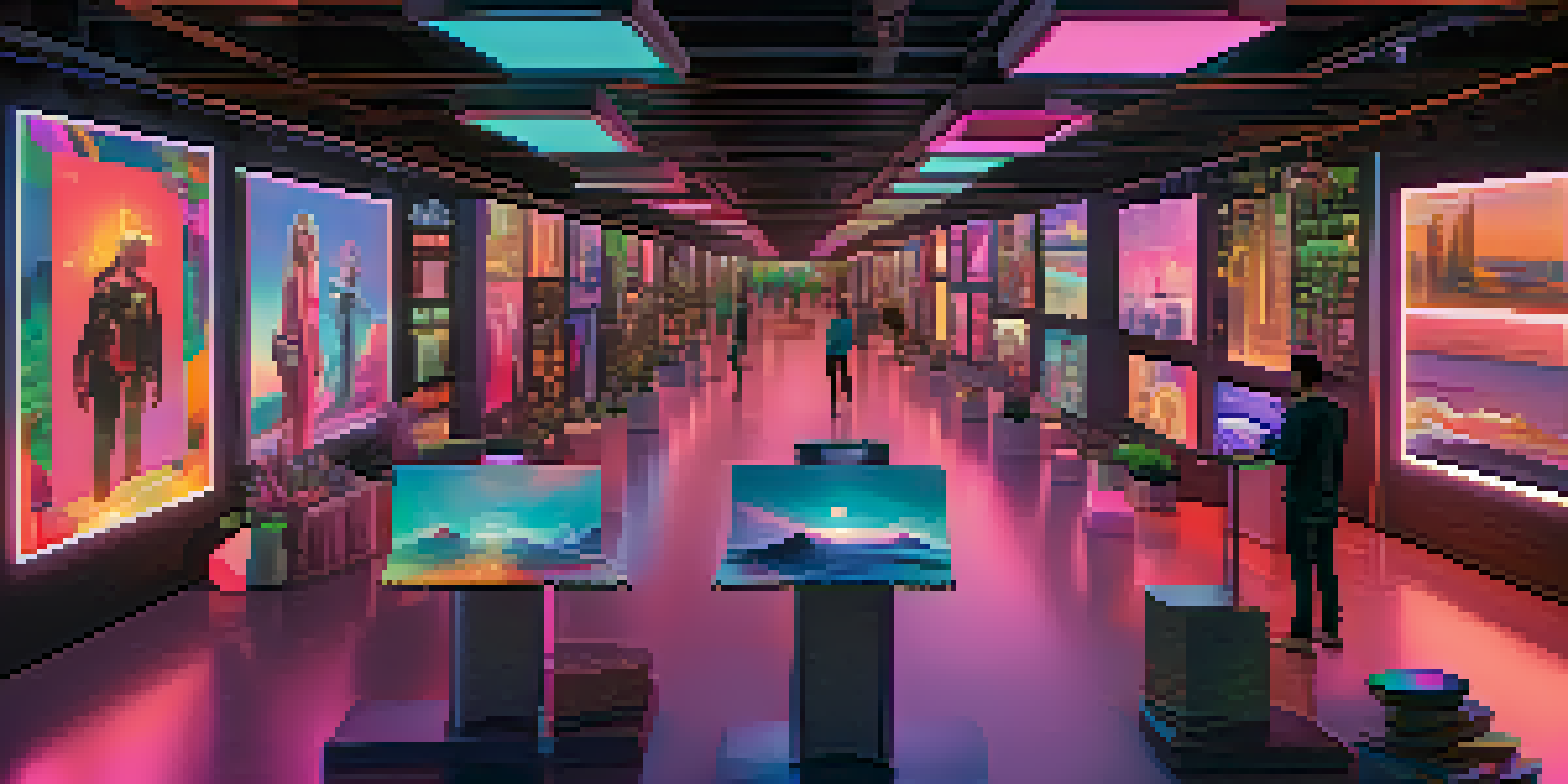 A vibrant digital art marketplace featuring NFTs displayed like artworks, with artists and collectors interacting under glowing lights and a holographic smart contract display.