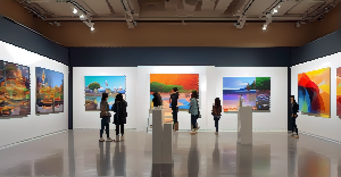 A modern art gallery filled with people viewing digital artworks on screens, illuminated by soft lighting.