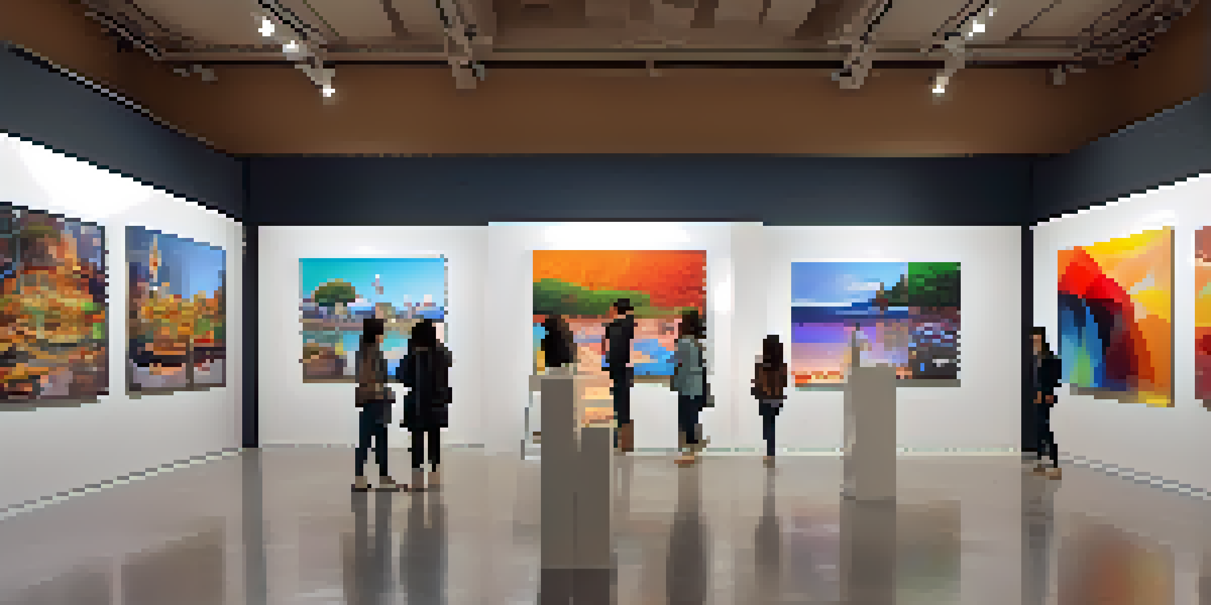 A modern art gallery filled with people viewing digital artworks on screens, illuminated by soft lighting.