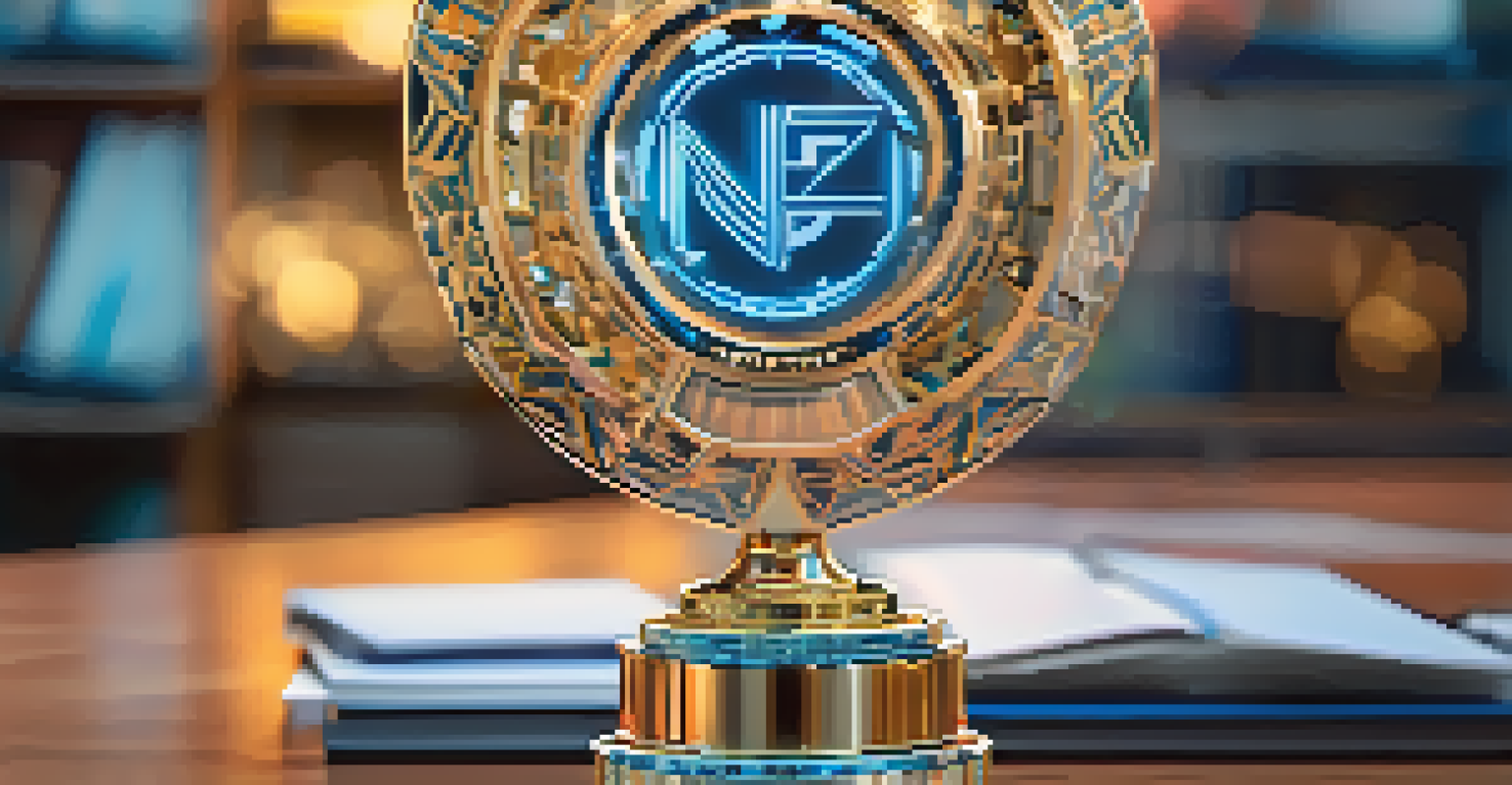 A close-up view of a glowing digital trophy symbolizing an NFT award.