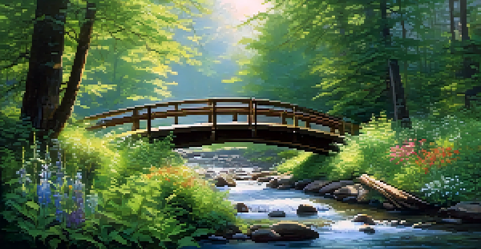 A tranquil forest scene with a flowing stream, vibrant wildflowers, and a wooden bridge under sunlight.