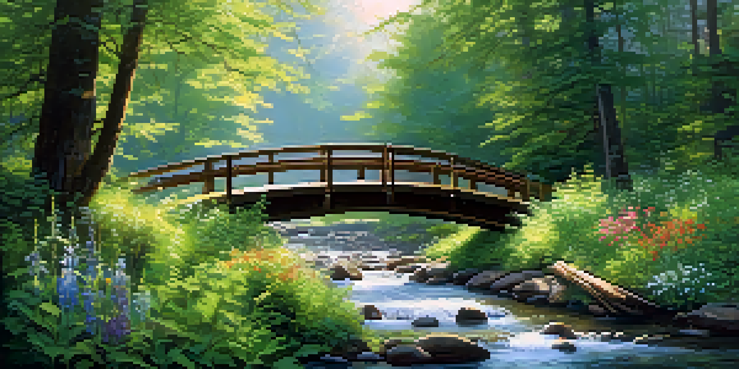 A tranquil forest scene with a flowing stream, vibrant wildflowers, and a wooden bridge under sunlight.