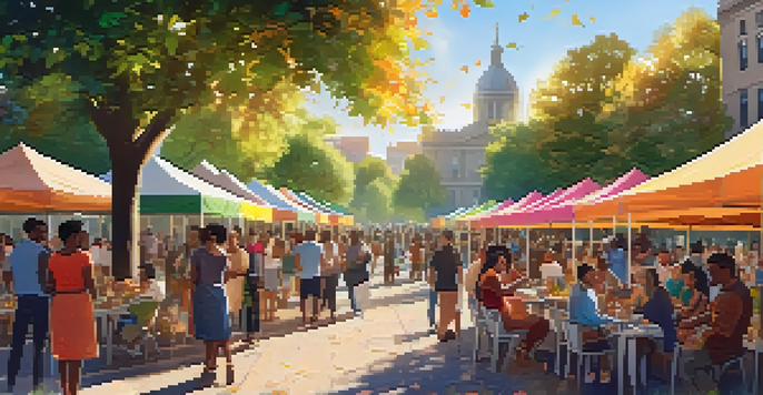A lively park scene with diverse individuals participating in art activities and displaying colorful NFT artworks under sunlight.