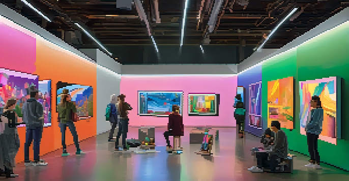 A group of diverse artists presenting their digital art in an online gallery, with colorful screens and a warm atmosphere.