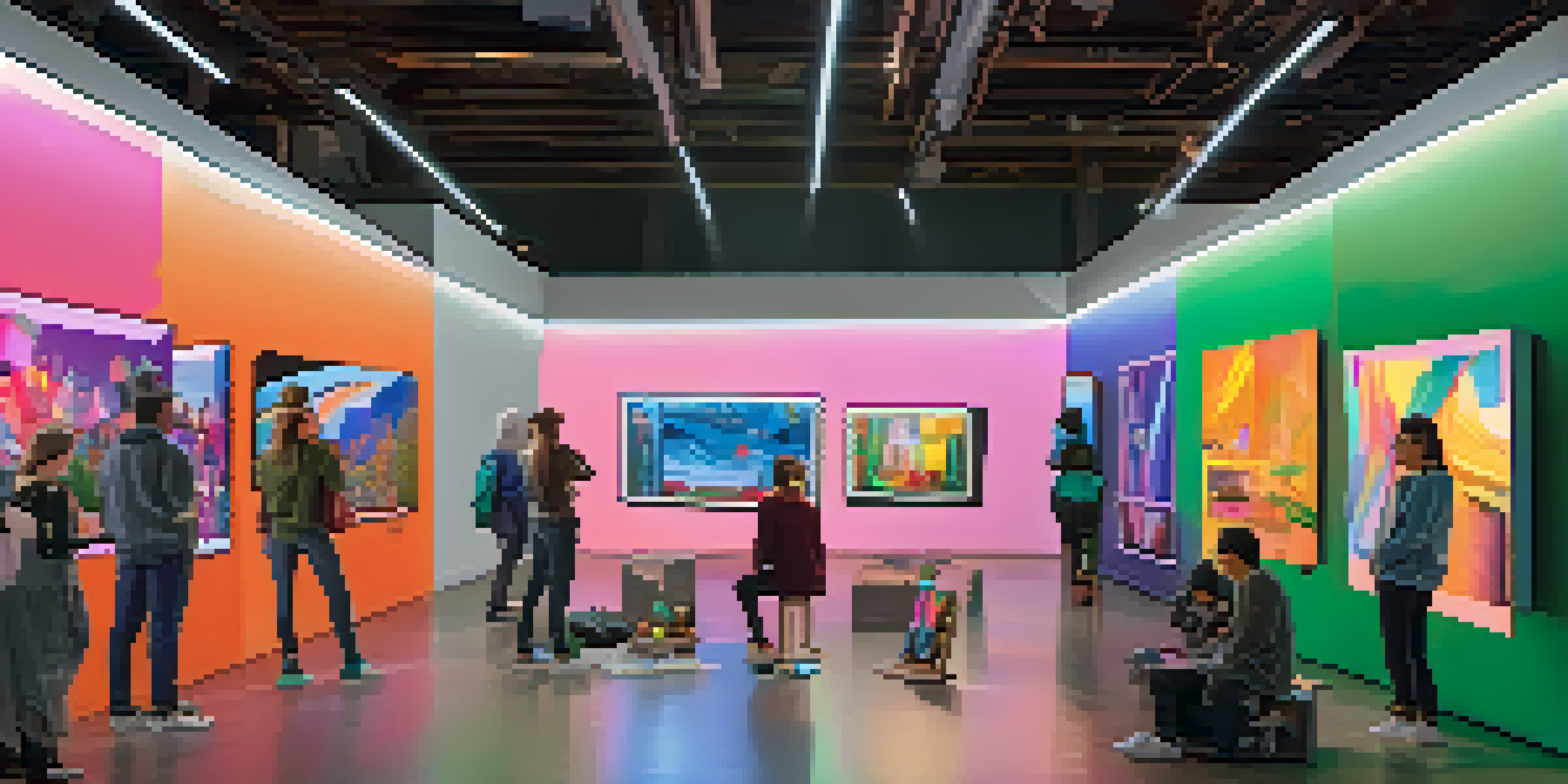 A group of diverse artists presenting their digital art in an online gallery, with colorful screens and a warm atmosphere.